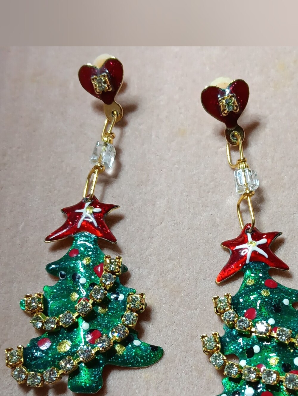 Lunch at The Ritz 1989 Christmas Tree Dangle Earings, 14k Gold Posts